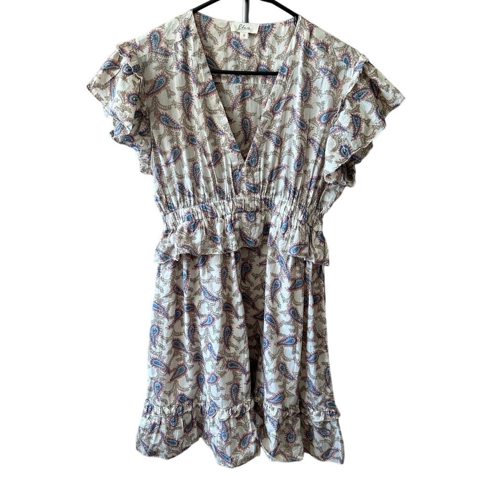 Elan Cotton Dress Paisley Print Ruffled Above Knee Boho Size S